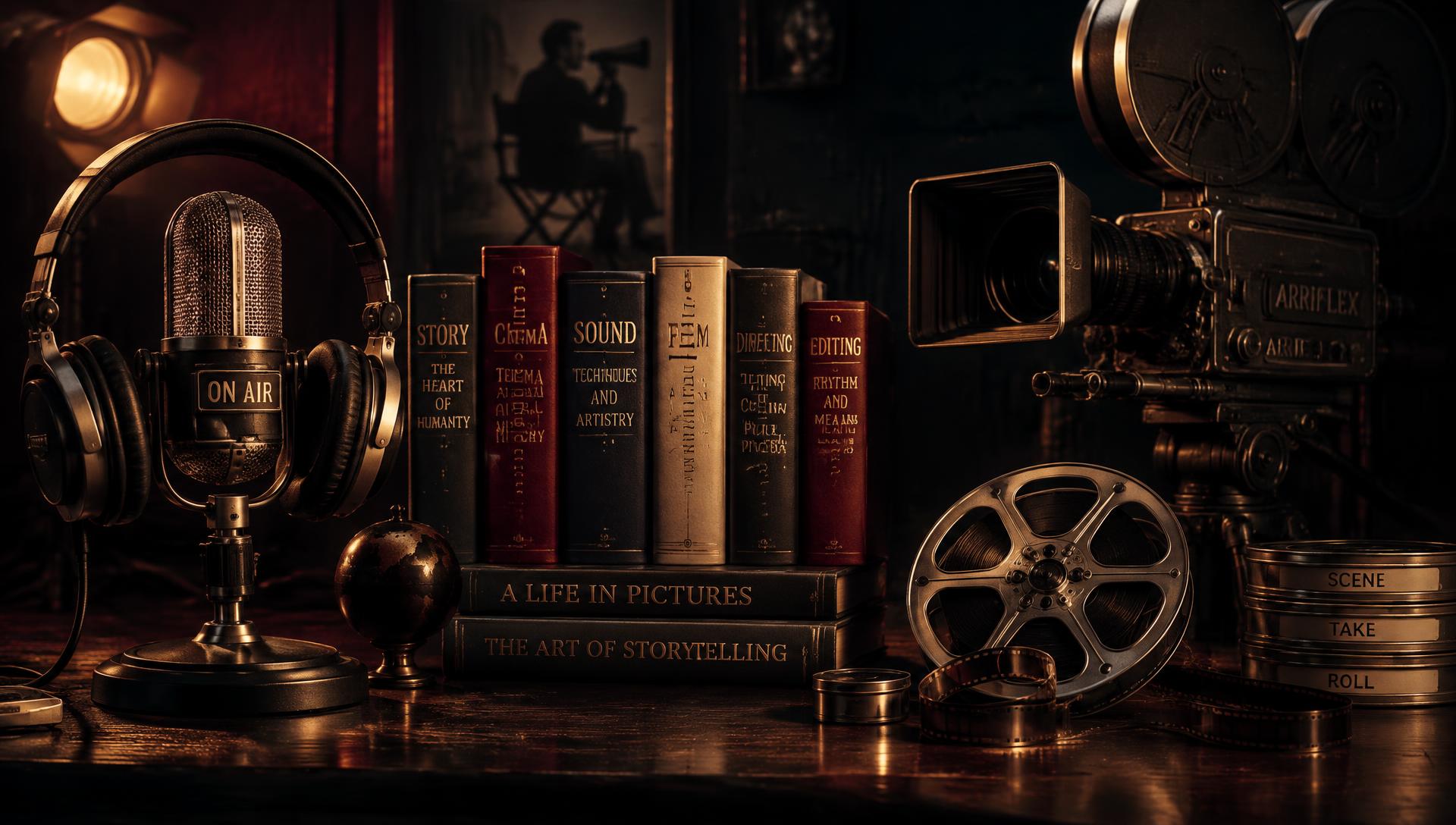 A broadcast microphone and a cinema camera framing a shelf of books